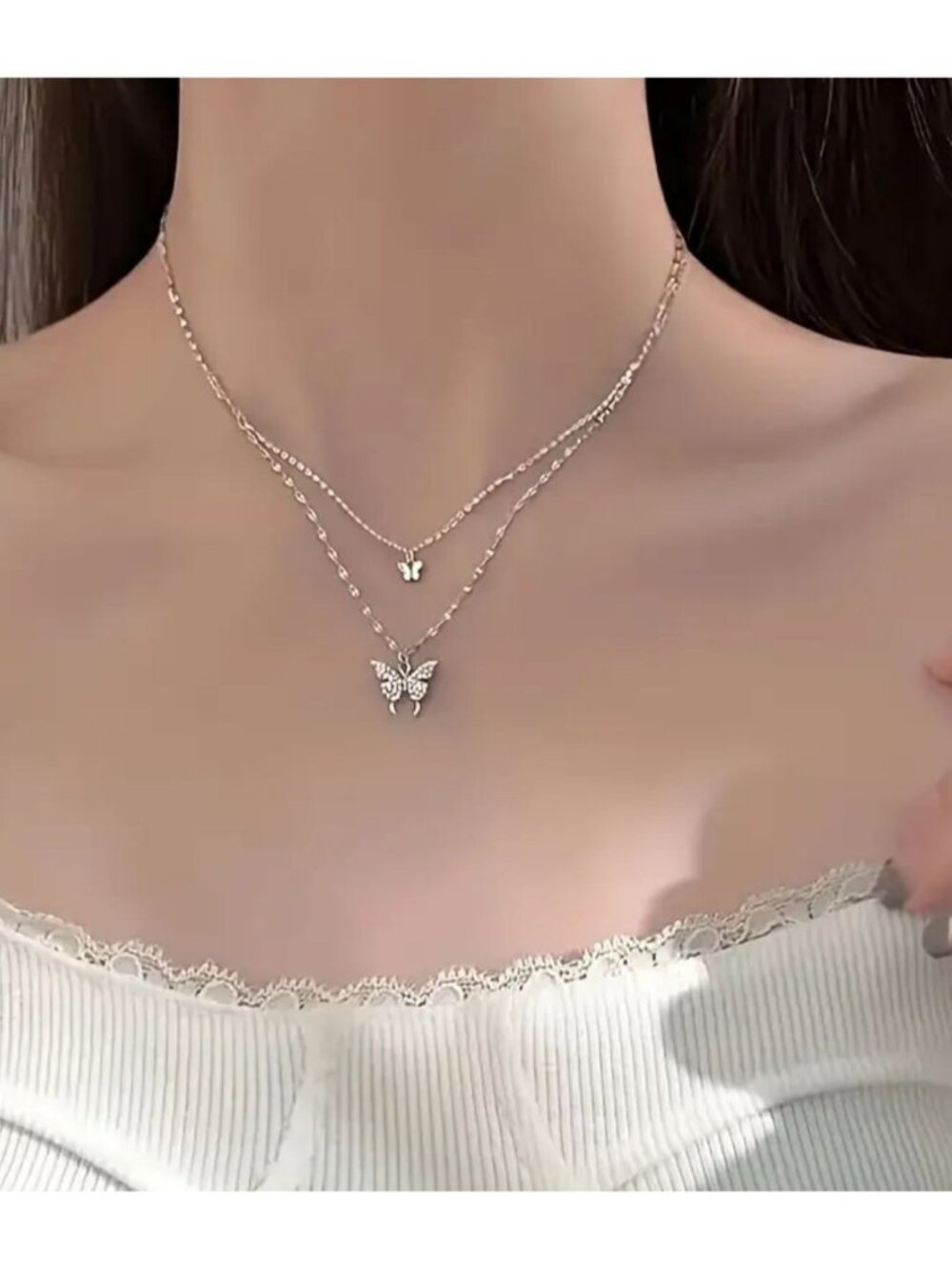 Double-Layer Butterfly Necklace Charm in Silvery/Golden